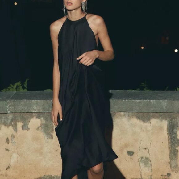 Zara Dresses & Skirts - NWT ZARA SATIN HALTER NECK MIDI DRESS DRAPE BACK THIN STRAPS GLAM FIERCE MEDIUM